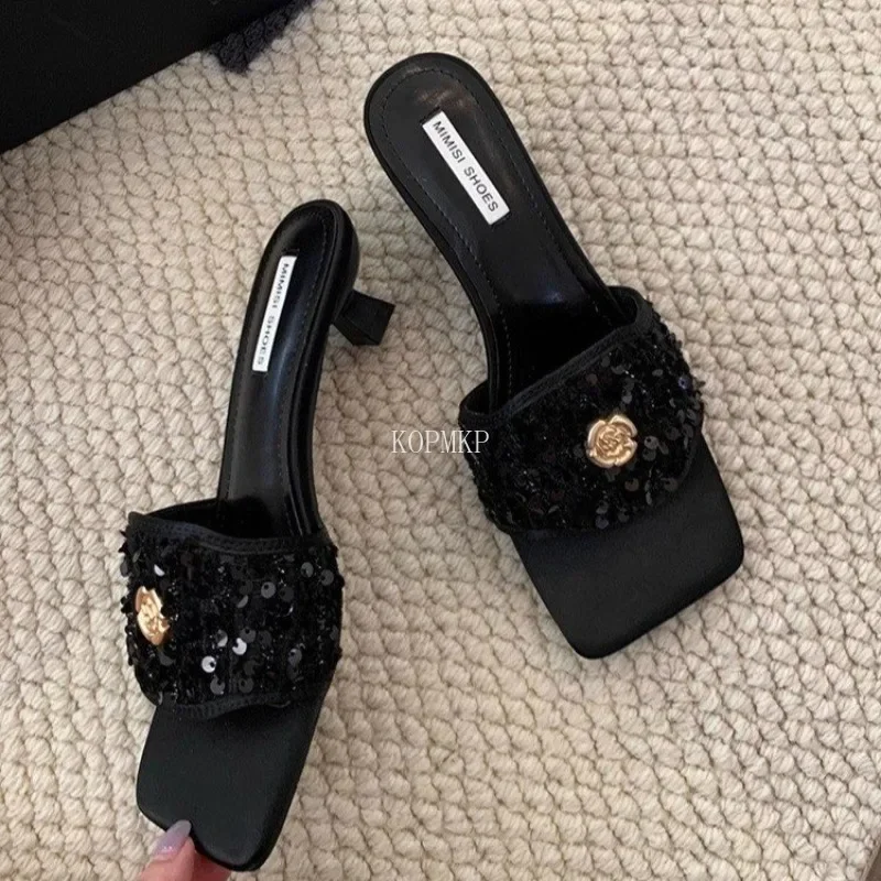 2024 Sequin Slippers Women Summer New High-heeled Shoes Open Toe Kitten Heel Women's Sandals Hardware Slides Female Slippers