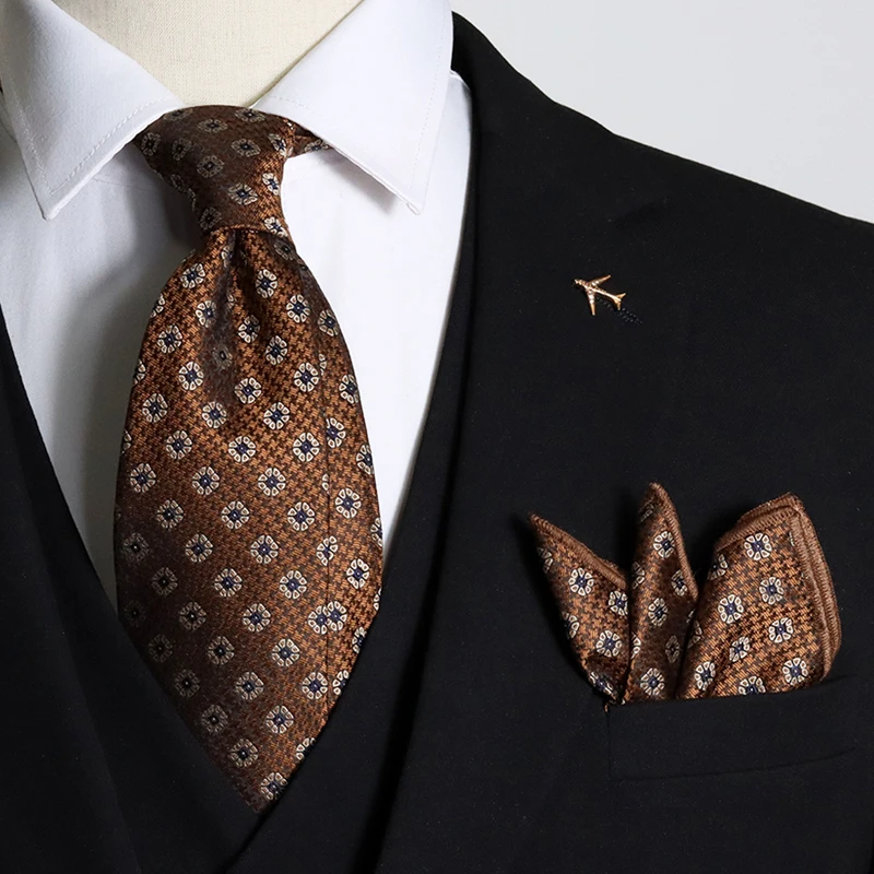 3 buah/Set BARU Formal blok Paisley coklat dasi untuk pria bergaris saku lembut persegi pesawat bros trendi Carvat dasi Set