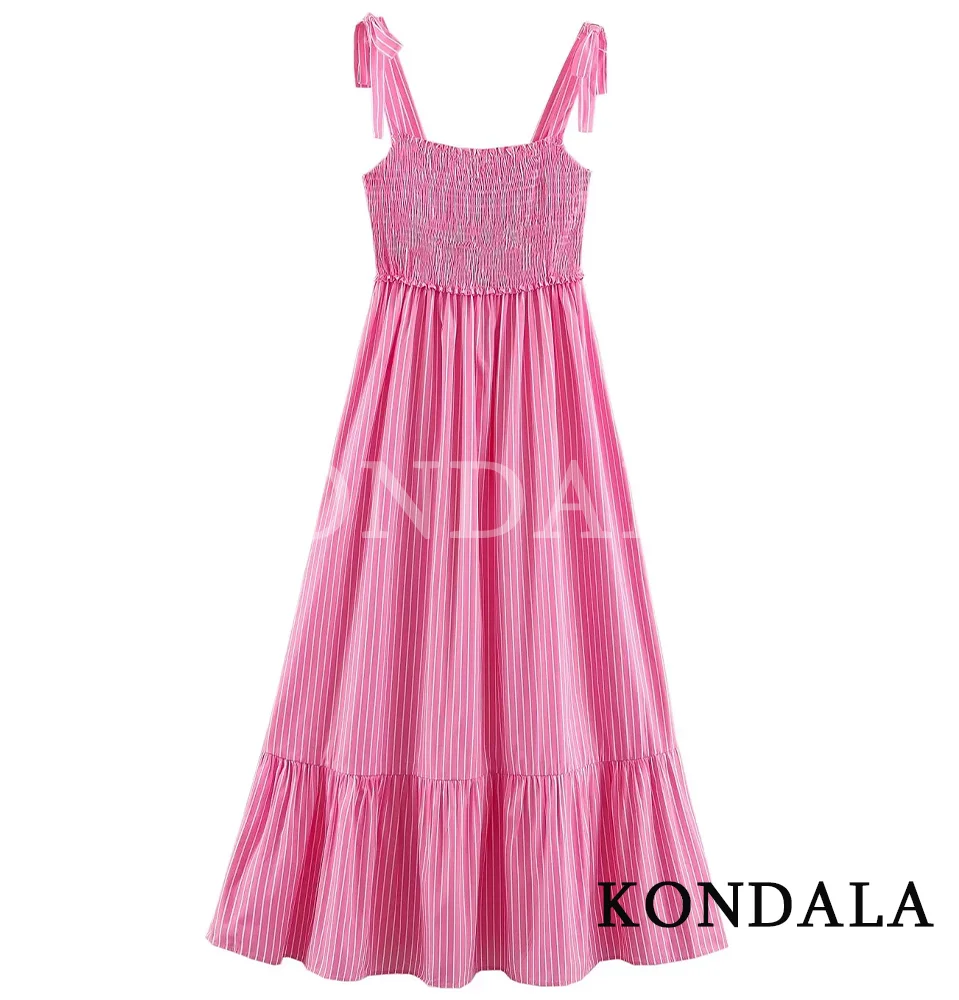 KONDALA Damen Strandkleid mit Streifen, trendiges Cami-Midikleid, Schleifen-Drapiertes Pulloverkleid, ärmellos, neue Mode 2026, Sommer-Urlaubskleid