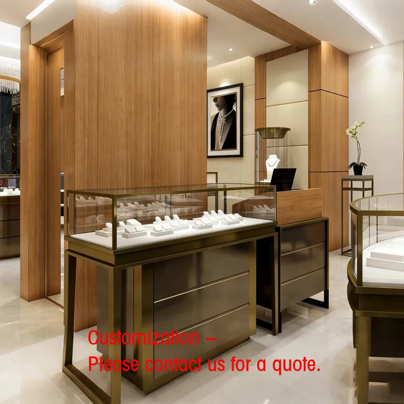 custom.High-End Jewelry Central Island Display: Antique Bronze Metal Frame, Ultra-Glass & Beige Lacquer Cabinetry