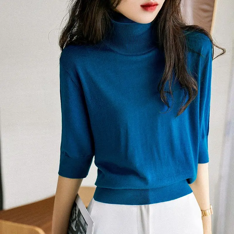 Women\'s Temperament Thin Solid Color Half Sleeve T-shirt Summer Fashion Thin Turtleneck Long Sleeve Knitted Tops Female Clothing