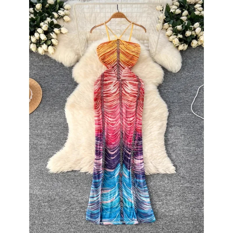 

New Fashion Sexy Slim-fit Mesh Rhinestone Hanging Neck Strap Backless Dress Women Spring Pure Desire Hot Girl Hip Long Dress