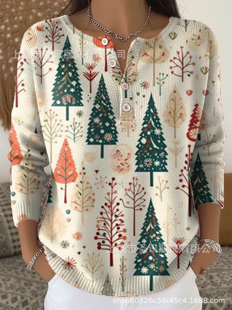 Vintage Christmas 3D Print Stand Collar Four Button Tshirt Retro Casual Long Sleeve Tshirt Early Autumn Loose Fit Tshirt