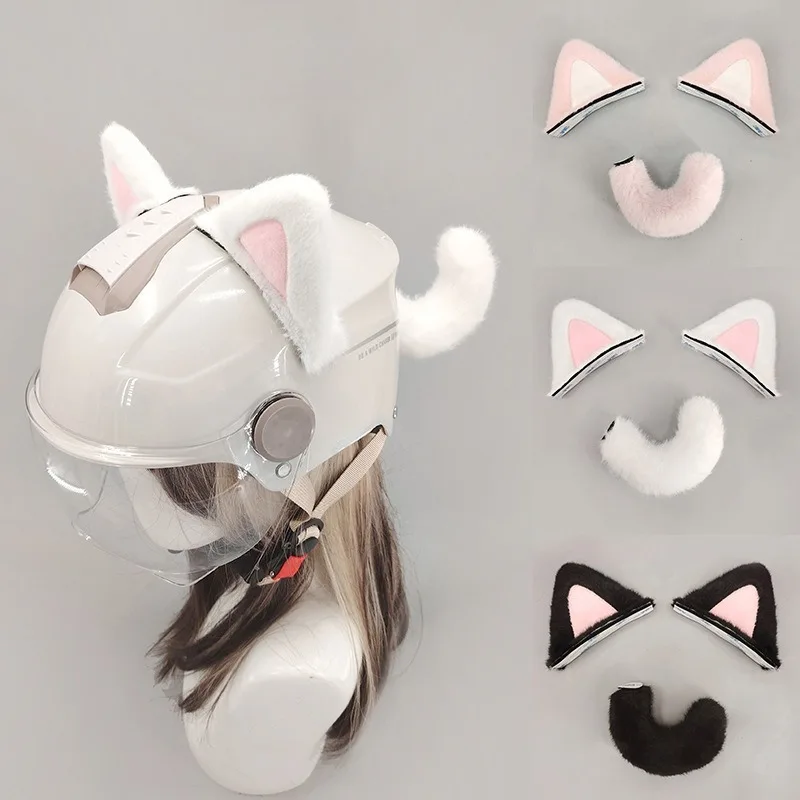 Helmet Cat Ear Decorations Plush Cat Ears and Tail Stickers for Motorcycle Helmets for Men and Women Cute Accessories