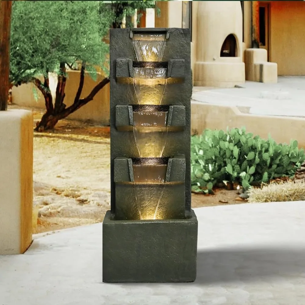 

39.3inches High Concrete Modern Water Fountain 5-Tiers Indoor/Outdoor Water Fountain w/LED Lights Cascading Waterfall Features