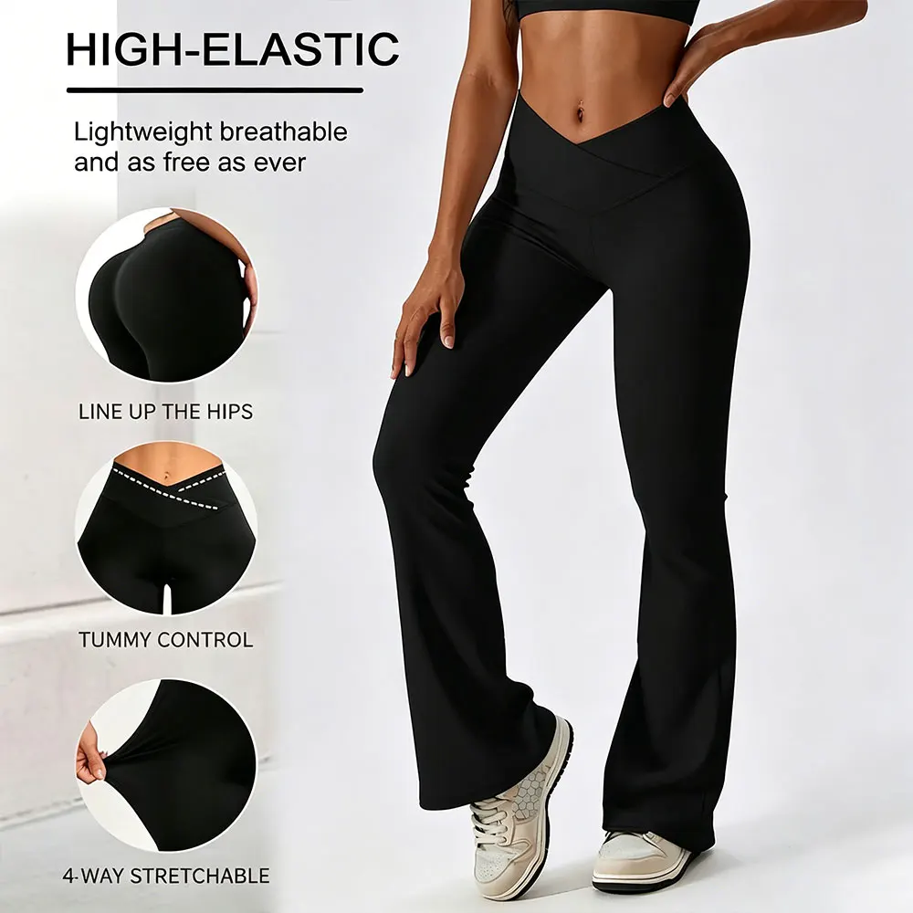 Womens Crossover High Waist Yoga Flared Bootcut Pants Butt Lifting Dance Workout Wide Leg Casual Gym Trousers Plus Size Clothes