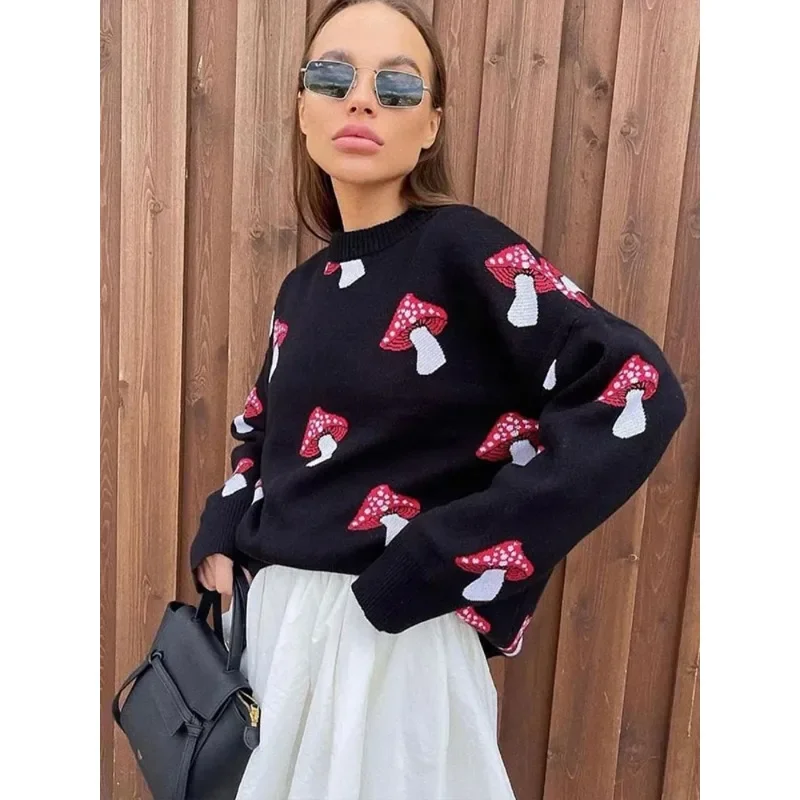 Women Mushroom Printed Knitting Sweaters 2023 Autumn Winter Casual Long Sleeved Pullovers Female Y2k Loose O-neck Tops Knitwear