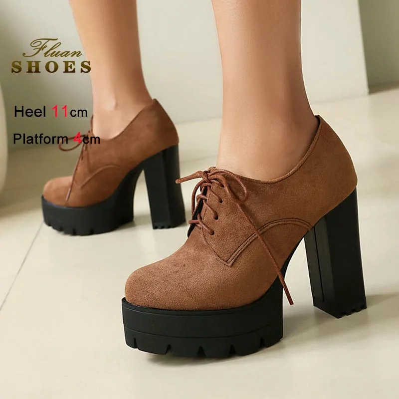

Женская обувь на высоком каблуке 11 см, замшевая обувь на толстой подошве со шнуровкой, весенне-осенняя обувь на одинарном каблуке, модная женская обувь для подиума для вечеринок