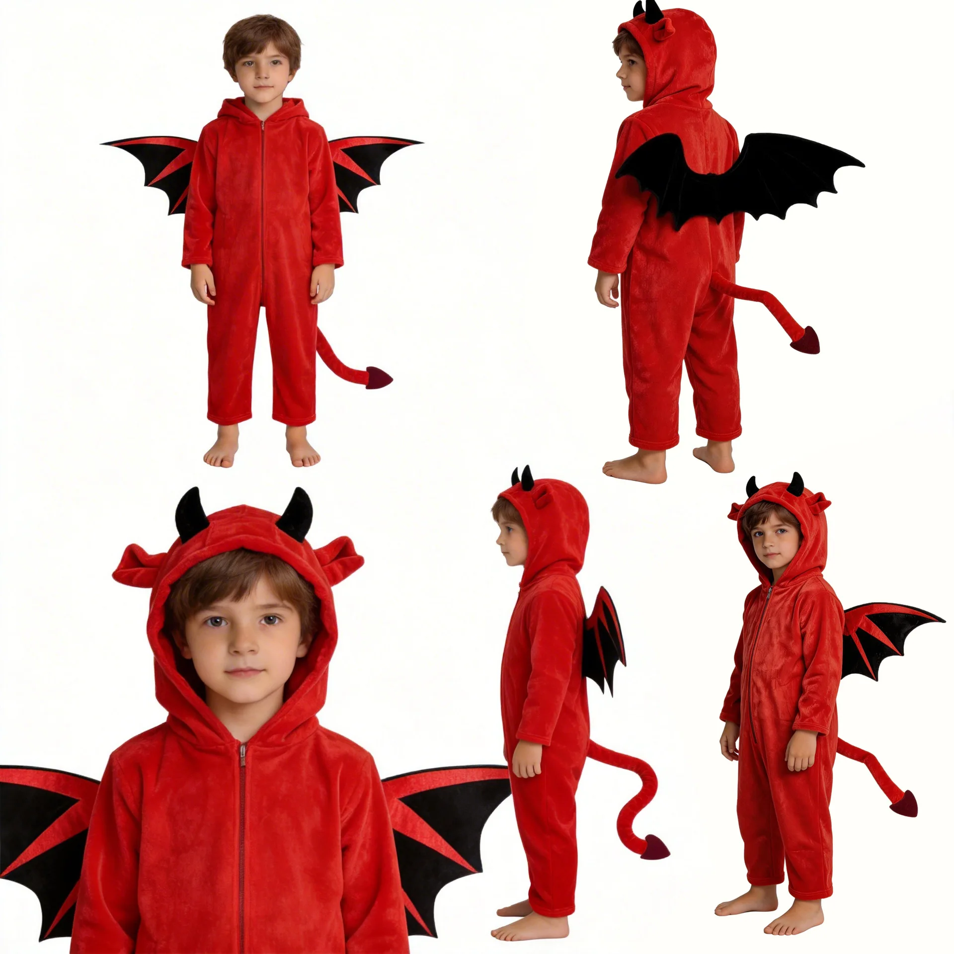 Kids Red Devil Onesie Costume with Horns Wings Tail Boys Halloween Cosplay Outfit Pajamas Children Monster Jumpsuit