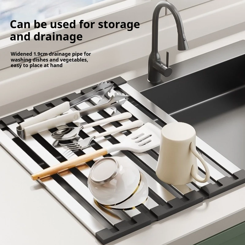 

Складная сушилка для раковины из нержавеющей стали 304, сушилка для кухонной посуды, утолщенная противоскользящая складная сливная корзина