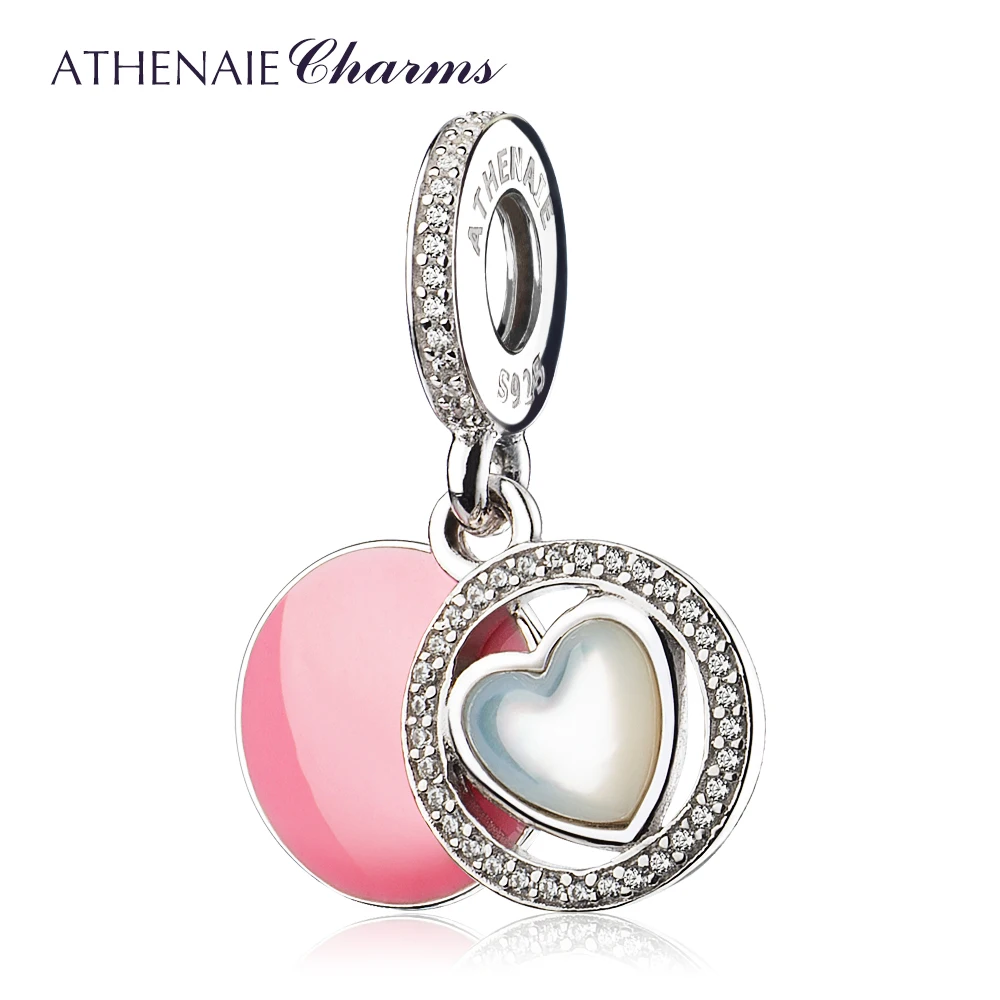 

ATHENAIE 925 Sterling Silver Pink Enamel & Clear CZ Devoted Heart Dangle Charms Fit Original Bracelets & Bangles DIY Jewelry