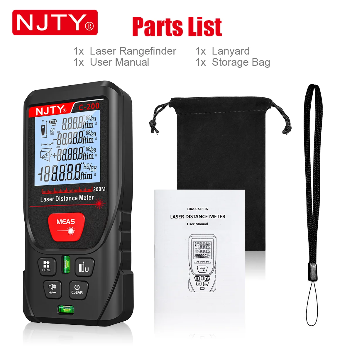 NJTY 50 m 100 m 200 m Lasermessgerät Digitales Handbandmaß ROTER Laser mit tragbarer Tasche Lanyard Datenaufzeichnungen IP54 Entfernungsmesser – Detail 11