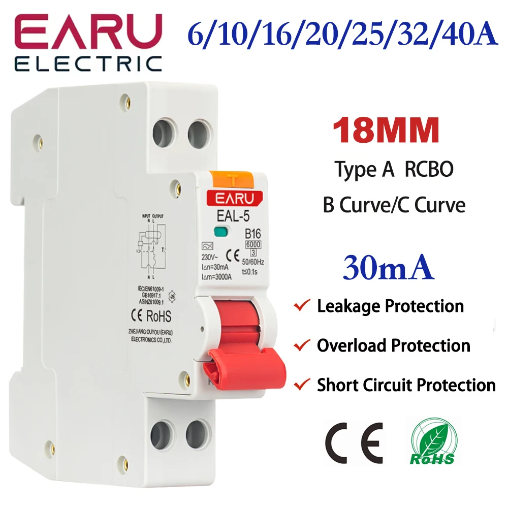 18MM RCBO Type A Residual Automatic Circuit Breaker 1P+N 6A 10A 16A 20A 32A 40A Curve C/B Over Current Leakage Protection 30mA