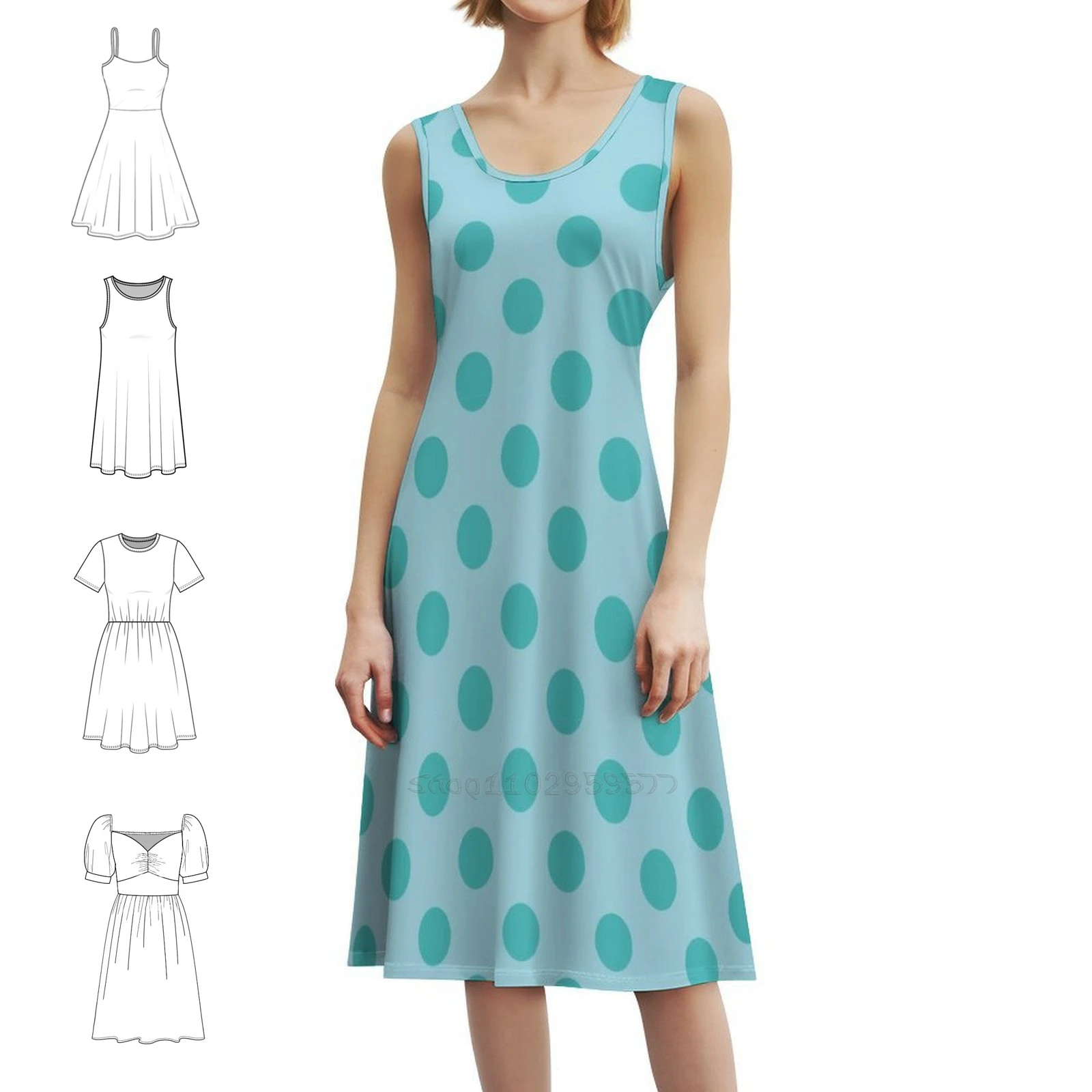 Teal Polka Dots Pattern Korean Style Dress For Women Elegant Casual Dress For Party Or Daily Wear Pattern Polka Dots Teal Polka
