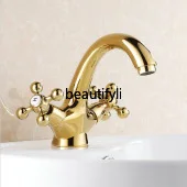 All-copper rotatable basin Under the counter basin Hot and cold water Titanium gold faucet White ceramic handle