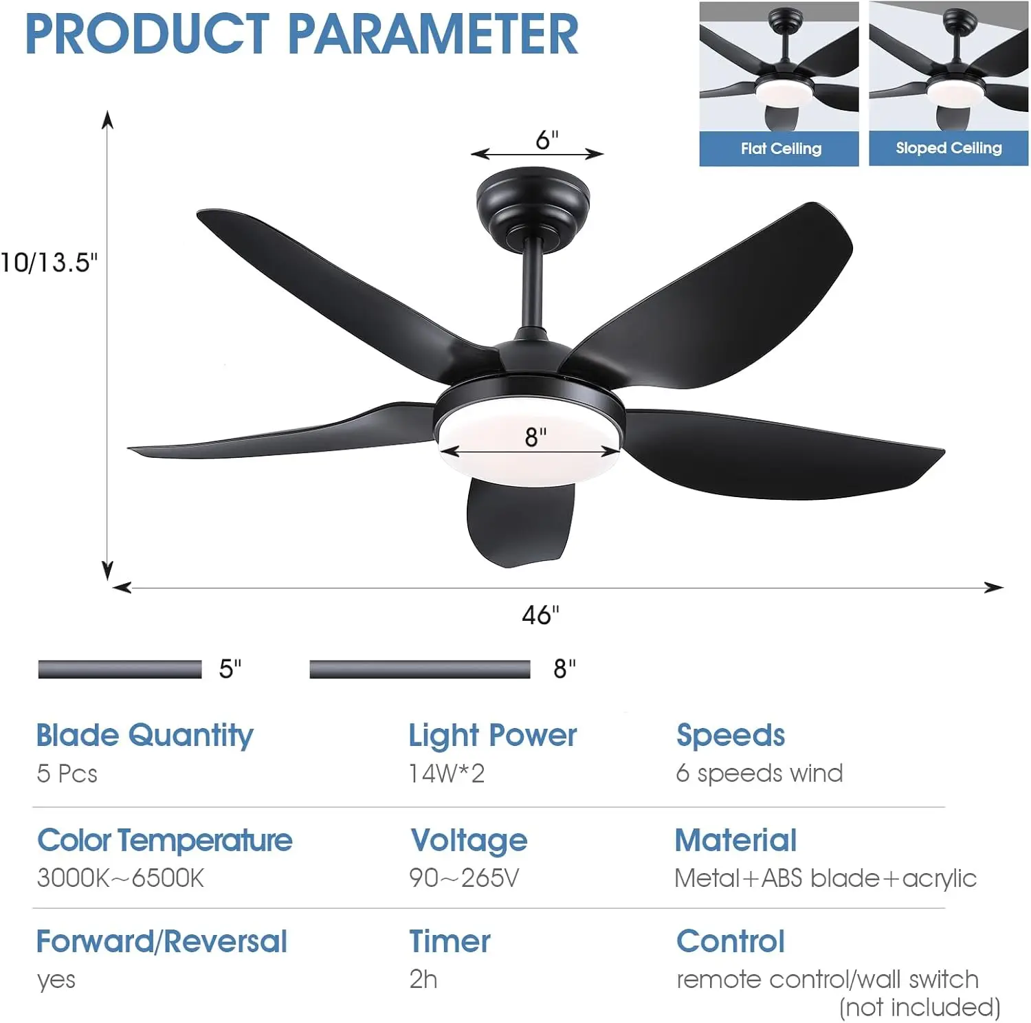 46 Inch Ceiling Fans With Lights And Remote/App Control,Modern Downrods Flush Mount Ceiling Fan With 5 Reversible Blades 6