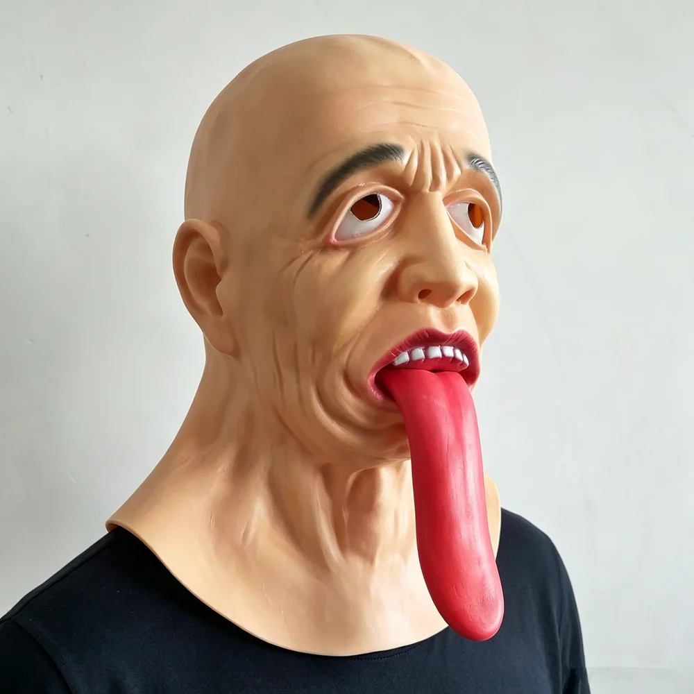 Gruselige Latex-Maske mit langer roter Zunge für den ganzen Kopf, realistische Gesichtsmaske eines Glatzkopfes, Halloween-Party-Kostüm, Cosplay-Maskerade, Scherz-Requisiten – Detail 4