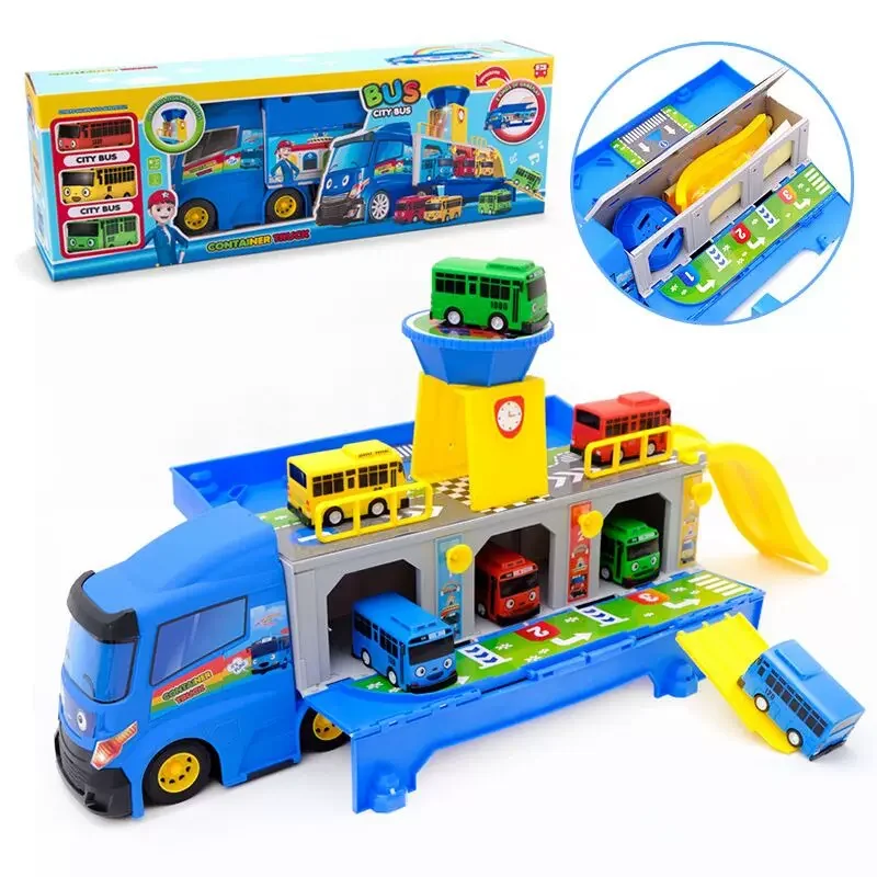 Cartoon Tayos Il piccolo autobus Contenitore per camion Scatola di immagazzinaggio Parcheggio con 3 tirare indietro Mini auto Giocattoli Ragazzo Regali di compleanno per bambini