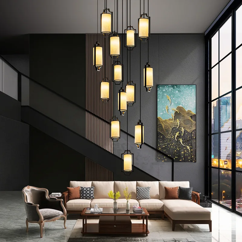 New Chinese style staircase chandelier villa suspended hall living roon raised lobby hollow building mid floor duplex building