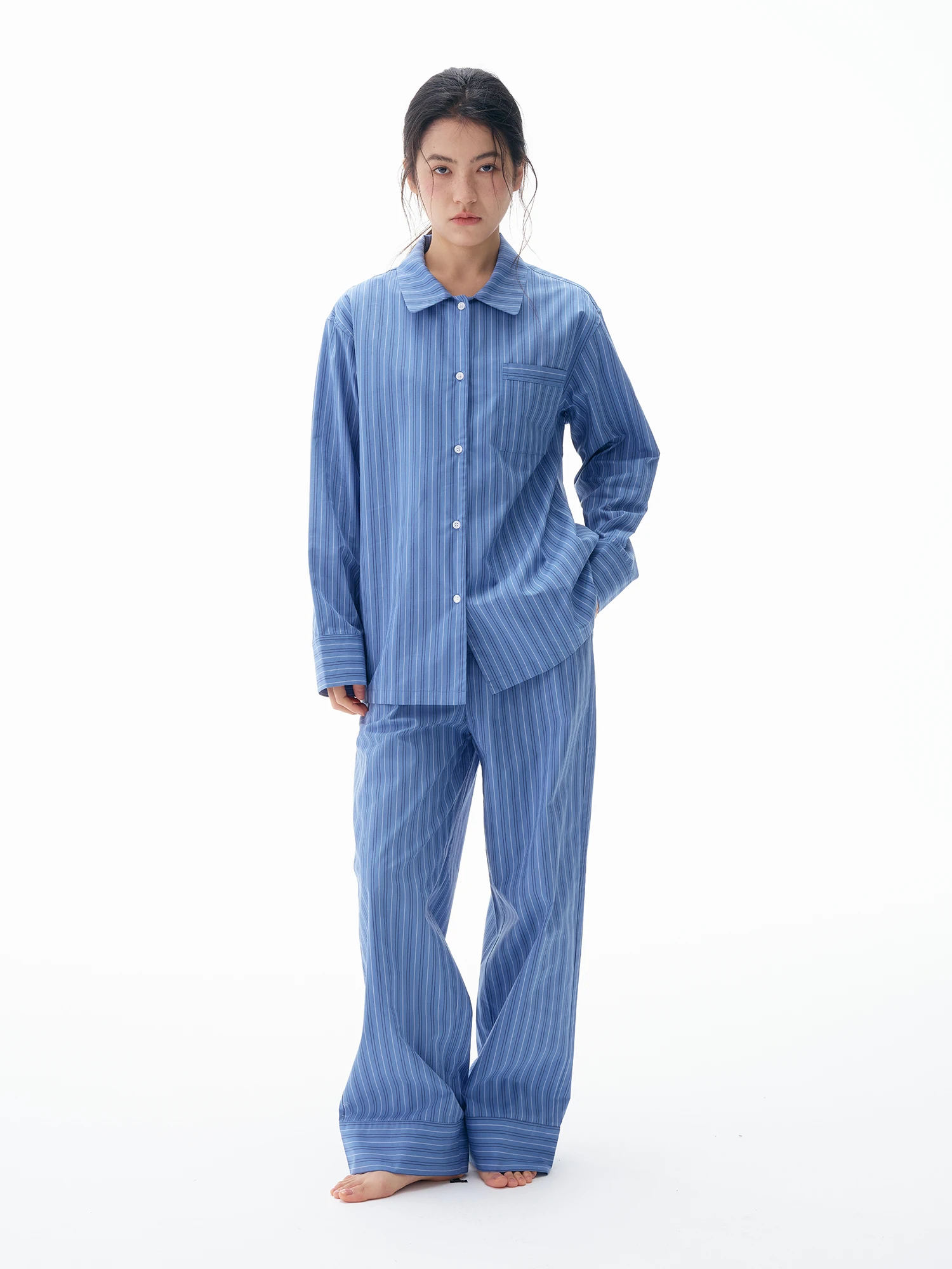 Forretro Pure Cotton Sleepwear Long Sleeve Long Pants Unisex Home Clothes Outdoor Wearable Blue Stripes Comfortable Spring Au...