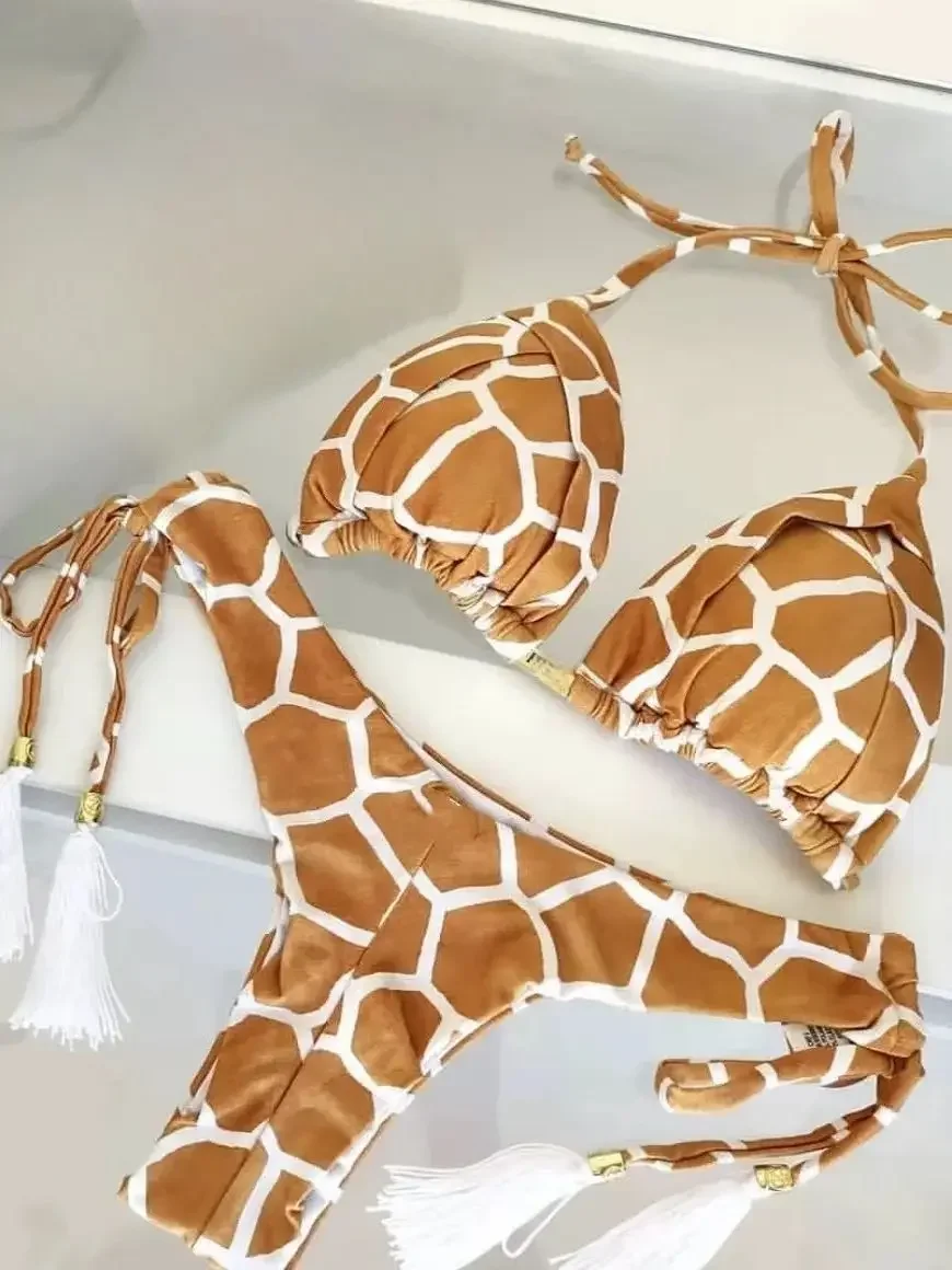 

RUOTONSEPT новый сексуальный бандажный комплект бикини с нерегулярным принтом, женский купальник с треугольной лямкой на шее, купальный костюм, бразильские бикини