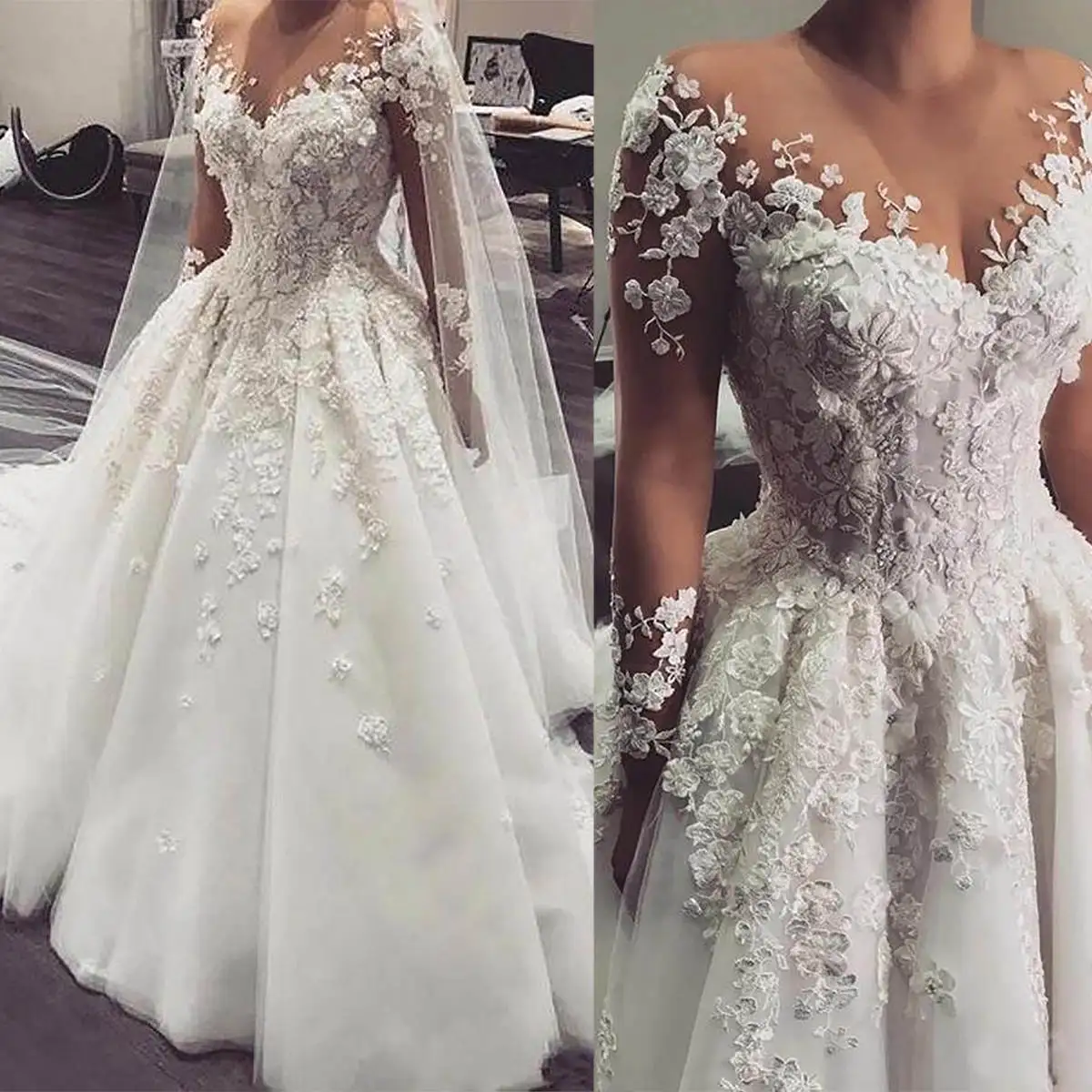 

Graceful A Line Wedding Dresses Sheer V Neck Lace Appliques Bride Gowns Long Sleeve Custom Made Vestidos Novias Boda