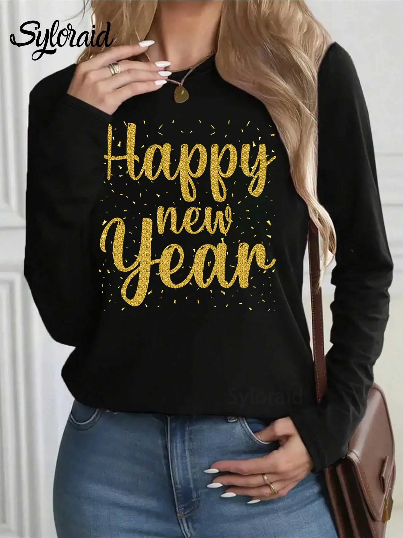 レディース長袖Tシャツ「ハッピーニューイヤー」ゴールデンプリントTシャツファッションラウンドネックカジュアルトップ