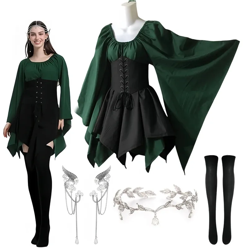 

Women Elf Renaissance Medieval Dress Traditional Irish Fairy Viking Costume Elf Ear for Halloween Cosplay