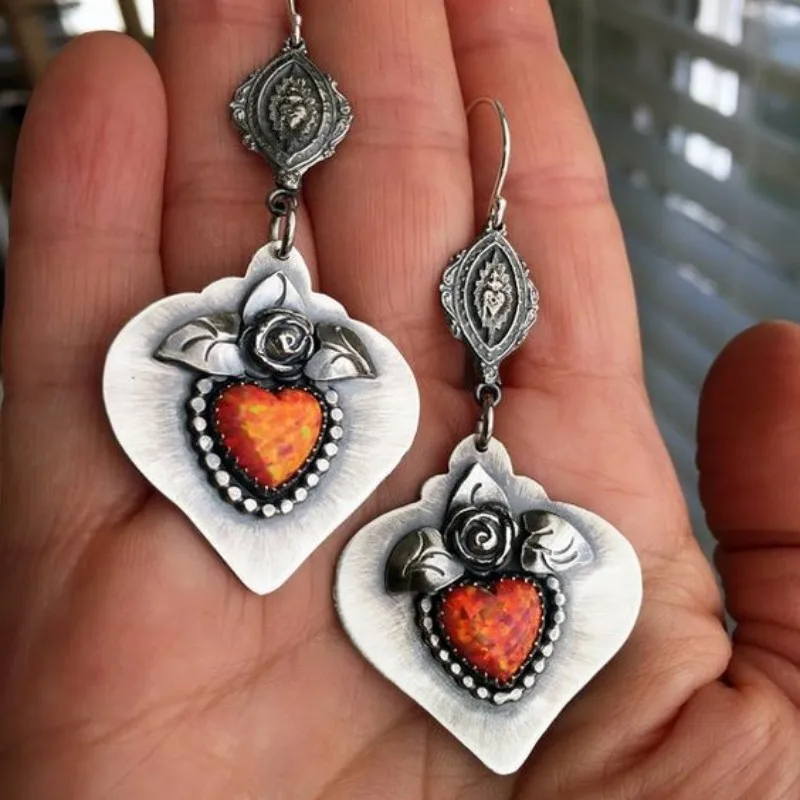 Bohemia New Antique Red Stone Earrings Ethnic Jewelry Silver Color Handmade Flower\'s Dangle Hook Earrings for Women