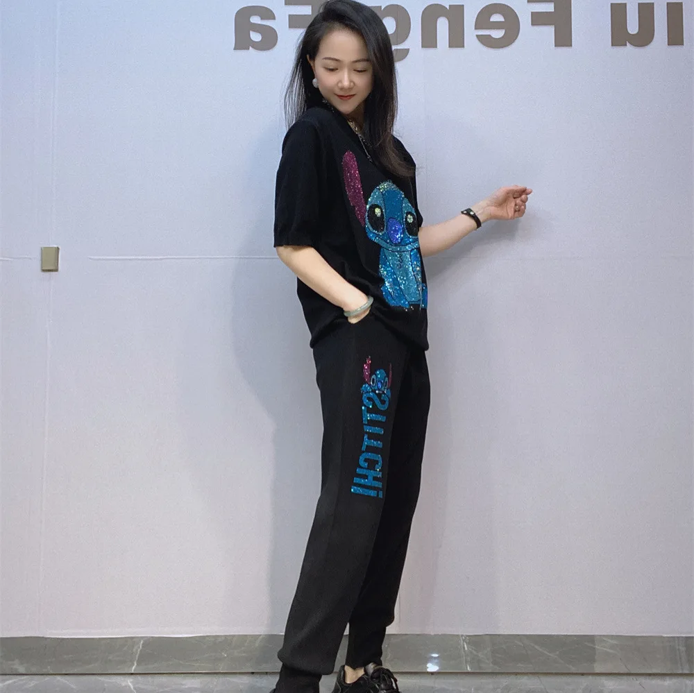 Fashion Knitted Round Neck Short Sleeve Top and Long Pants Casual Set for Women Spring Summer Rhinestone Two-Piece Sets