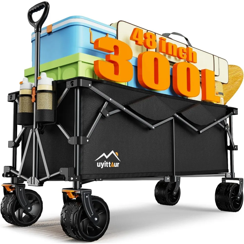 

300L Extra Large Collapsible Foldable Wagon, 440lbs Load Capacity 48''L Extended Heavy Duty Folding Beach Wagon with Big All-Ter