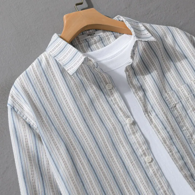 Japanese Fresh and Retro Men Long-sleeved Striped Shirt in Autumn New Style and Versatile Loose and Comfortable Jacket