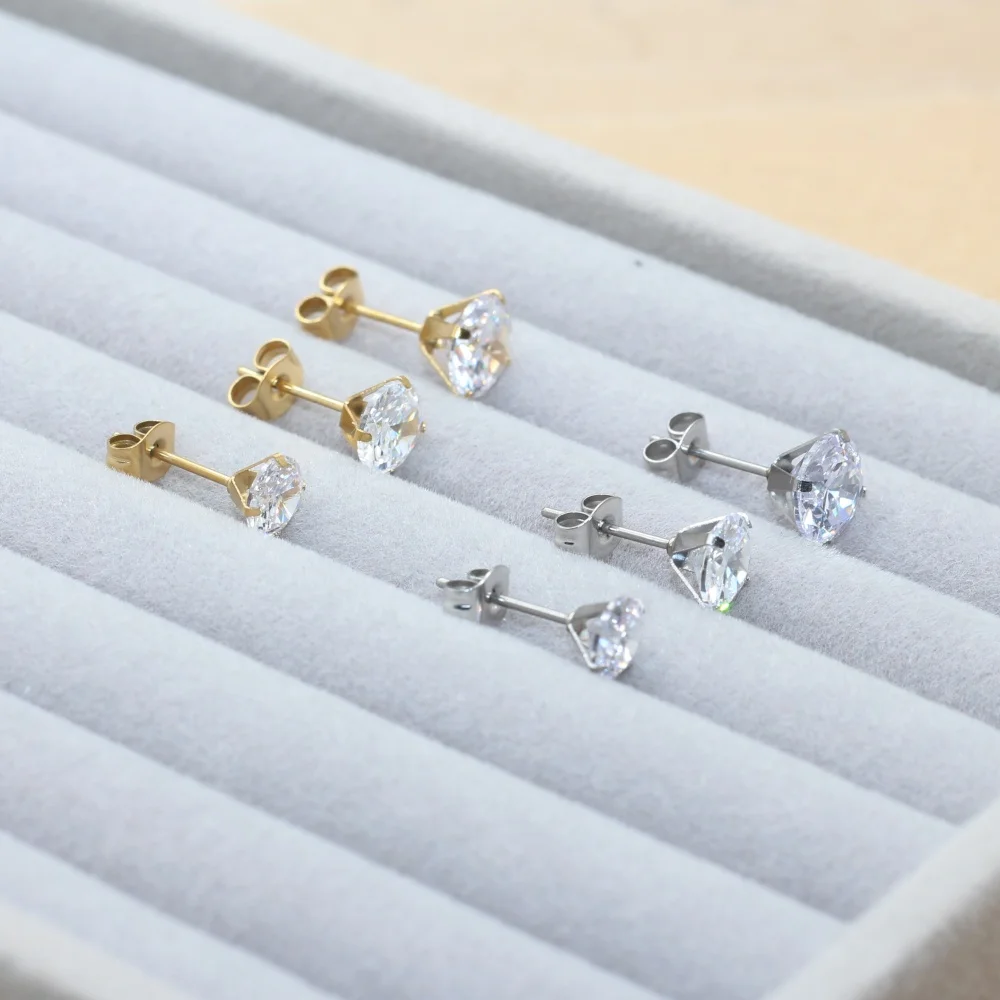 Size 6 7 8mm Round Clean AAA Zircons Stainless Stell Stud Earrings Golden IP Plating No Fade Gift