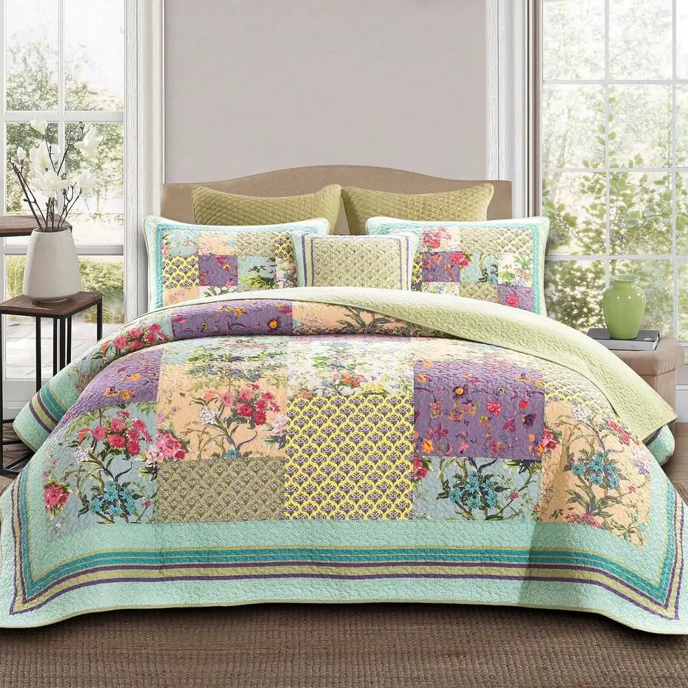 

100% Cotton Oversized Queen Quilt Set - Reversible Patchwork Coverlet with Pillow Shams, All Seasons
