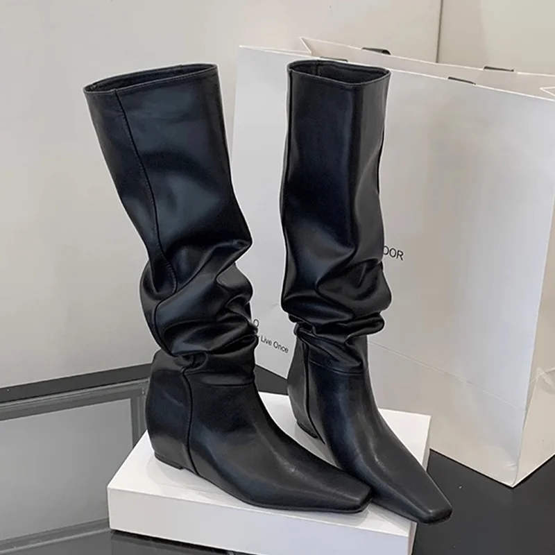 Long Boots for Women's Flats Knee High Designer Shoes 2025 Fad Chelsea Boots New Winter Square Toe Elegant Gothic Mujer  Botas