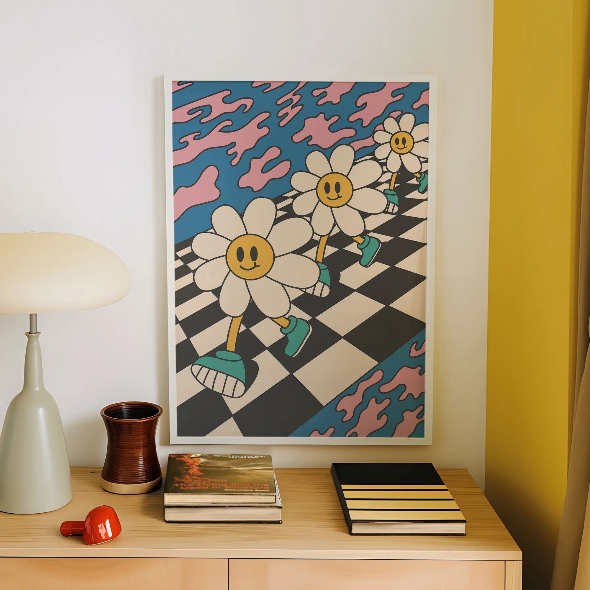 Modern Cartoon Smiley Daisies On The Move Wall Art Print Canvas Painting Poster Picture For Living Room,Bedroom Home Decor