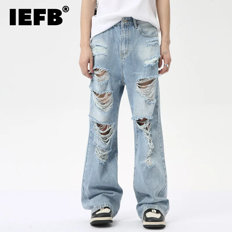 

IEFB Niche Style Men's Denim Pants Loose Hole Straigth Trousers Wide Leg Male Casual Buttom zippers Summer New Fashion 9C6314