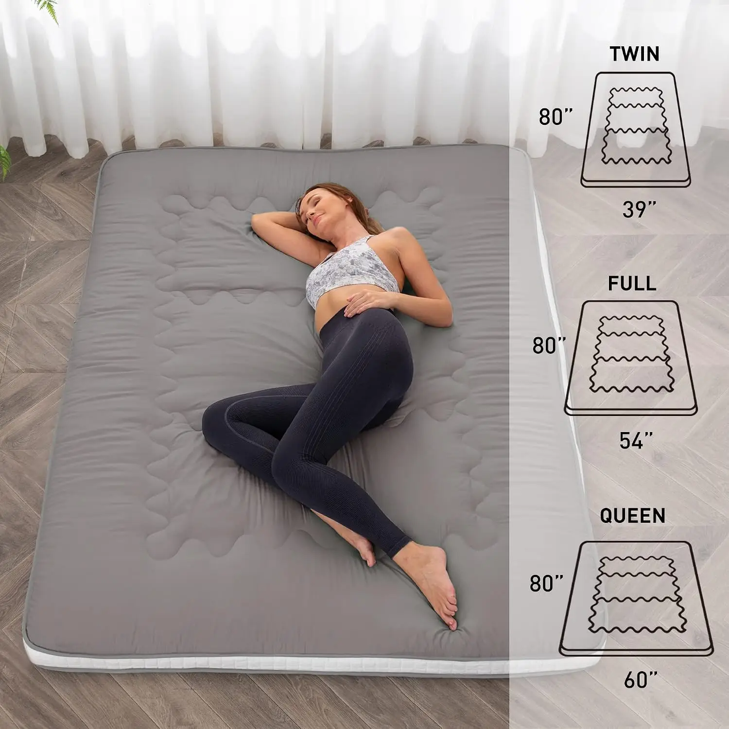 Japanese Floor Futon Mattress, Extra Thick Foldable Roll-Up Bed Topper Mat for Guest, Lounger, and Travel