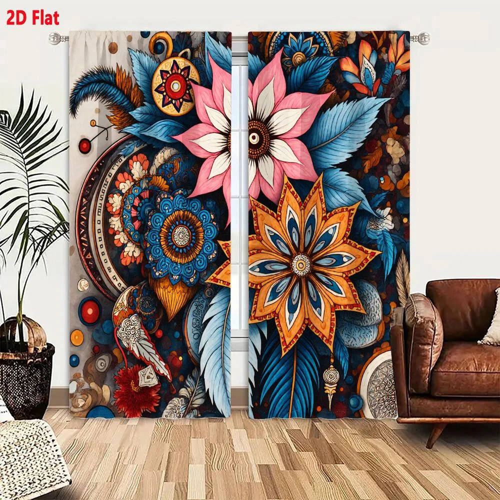2Pcs Curtains 2D Flat Intricate Bohemian Floral Art Illustration with Pink Blue Orange Flowers Mandala Patterns and Decorative E