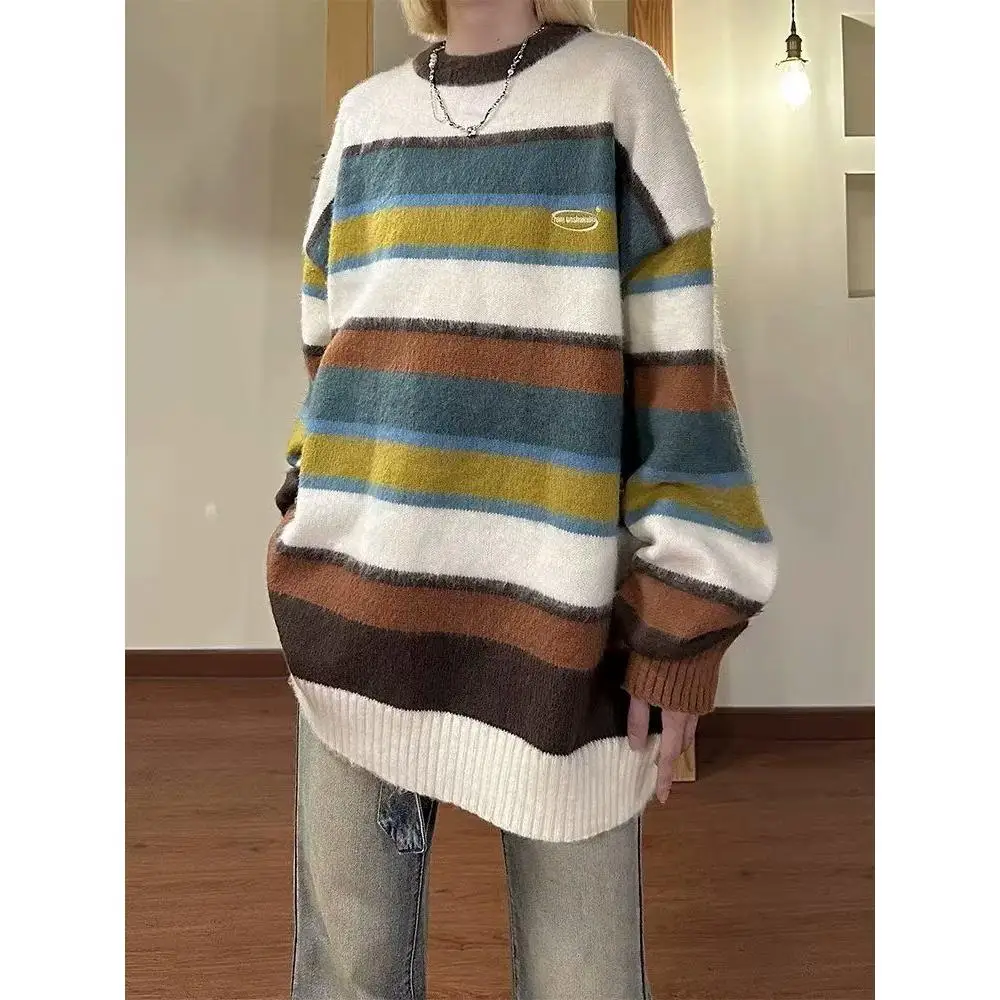 

Loose Men's Knitted Sweater round Ne Vintage Boting irt Autumn Winter Japanese Sle Color Blo Striped Polyester Fiber