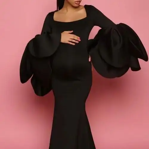 Long Sleeve Black Satin High Quality Matenrity Dresses Puff Ruffle Sleeves Mermaid Floor Length Pregnacy Gown for Formal Party