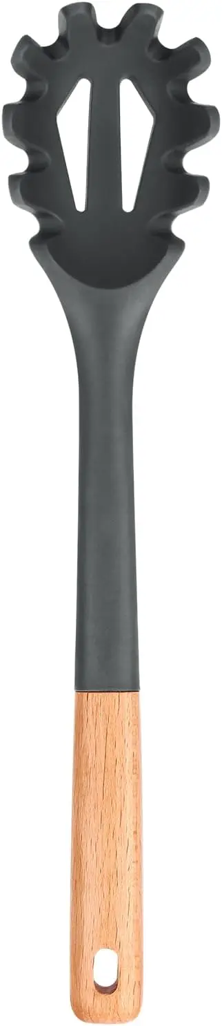 

Silicone Pasta Fork, 12.8 inch Heat Resistant Noodle Spoon for Spaghetti, Kitchen Cooking Tool with Wooden Handle, Grey