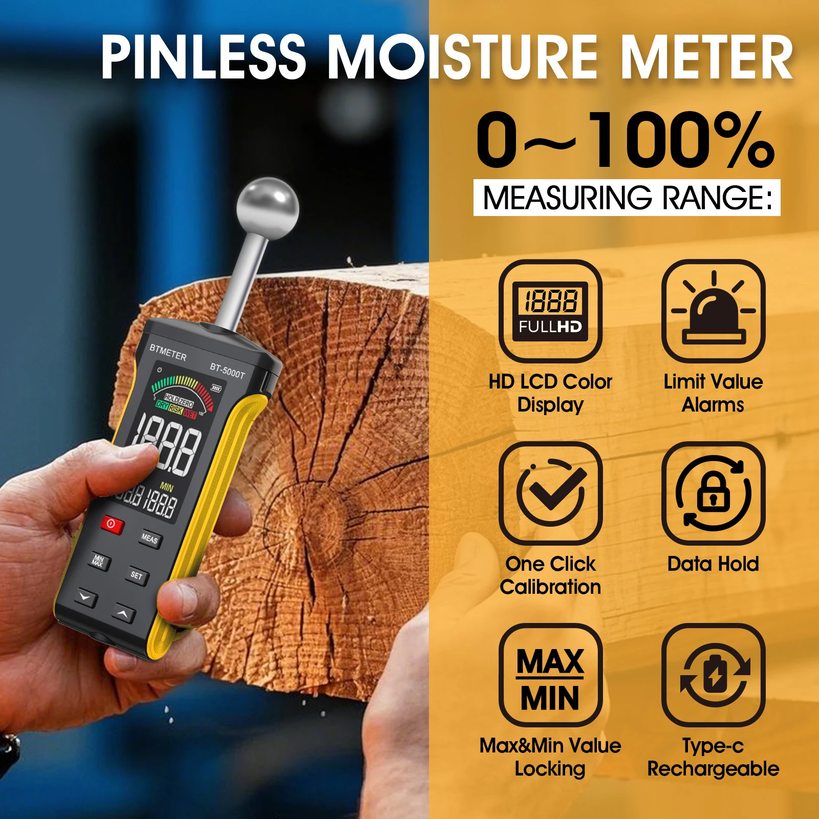 BT-5000T Pinless Wall Humidity Detector - Wood Moisture Meter 20-40mm Depth WET/RISK/DRY Alarm Wall Surface Tester