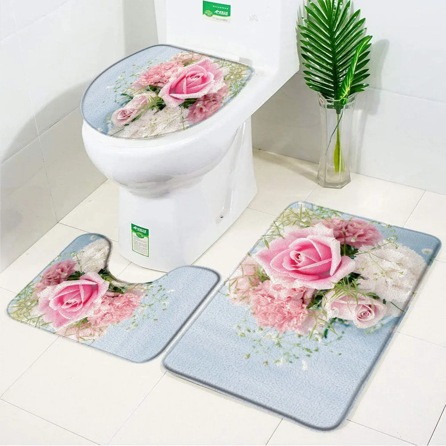 Floral Bath Mat Set Red Fresh Flower Field Garden Plant Living Room Bedroom Non-Slip Doormat Toilet Cover Carpet Bathroom Decor