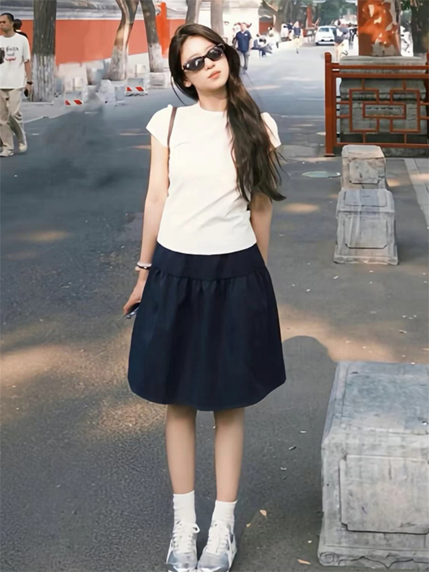 Retro Japanese Artistic High Waist A-Line Skirt for plus Size Women Spring Casual Five-Quarter Length Skirts