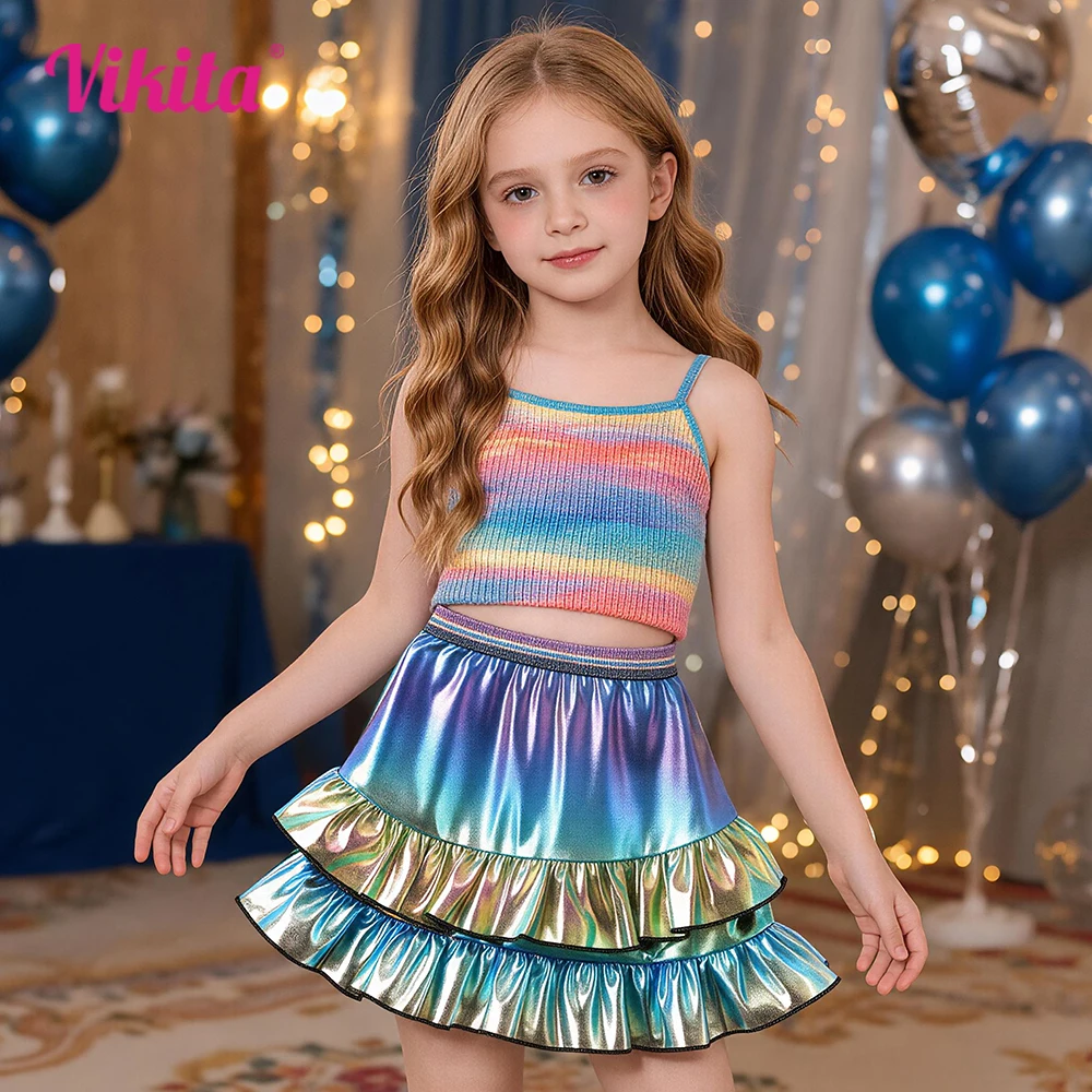 Kinder-Röcke mit Rüschen und Farbverlauf, Glitzernde Metallic-Röcke für Mädchen, Bunter Elastischer Bund, Mehrlagiger Rock für Geburtstag, Party, Alltag und Tanz