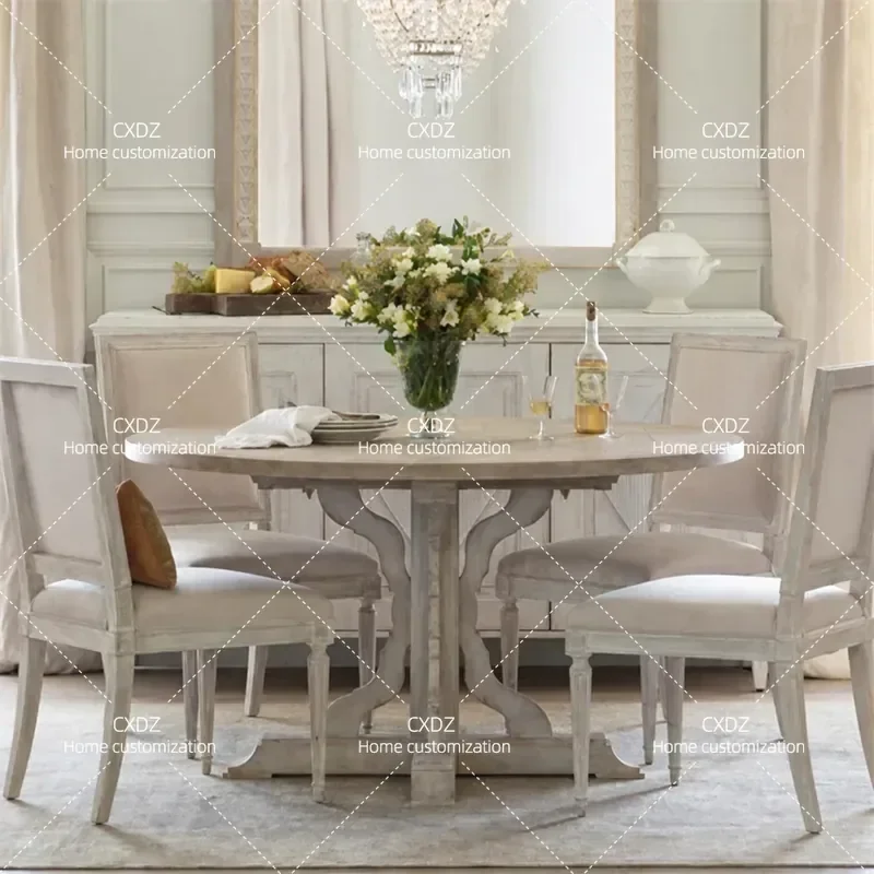 Round Dining Table Set Solid Wood Carved Floral Design Retro Style Multi Person Table and Chairs for Home Kitchen