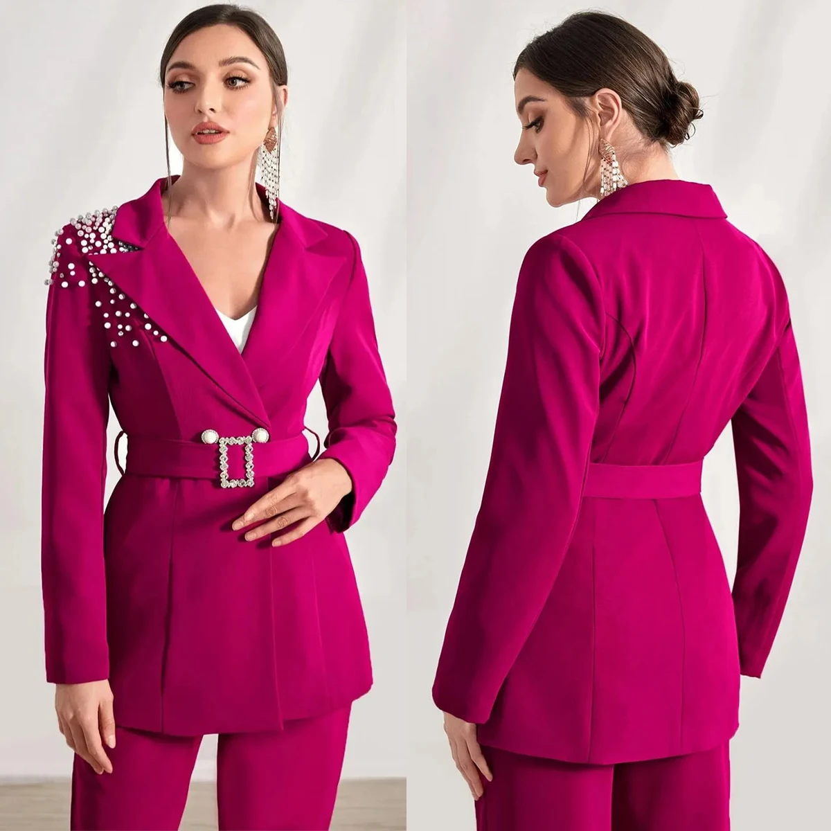 Office Lady Pearl Beaded Mother Of The Bride Suits 2 Pieces Plus Size Formal Blazer With Belt Customized Evening Party Outfit