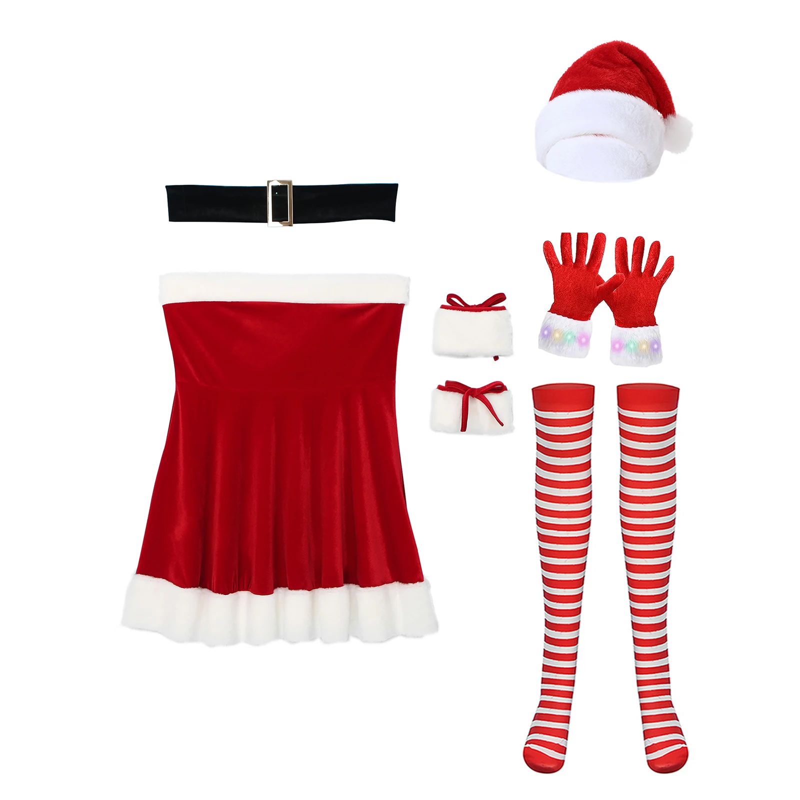 Sissy Women Christmas Role Play Dress Strapless White Trim A-Line Dress with Waist Belt And Stockings Light Up Gloves Hat Set