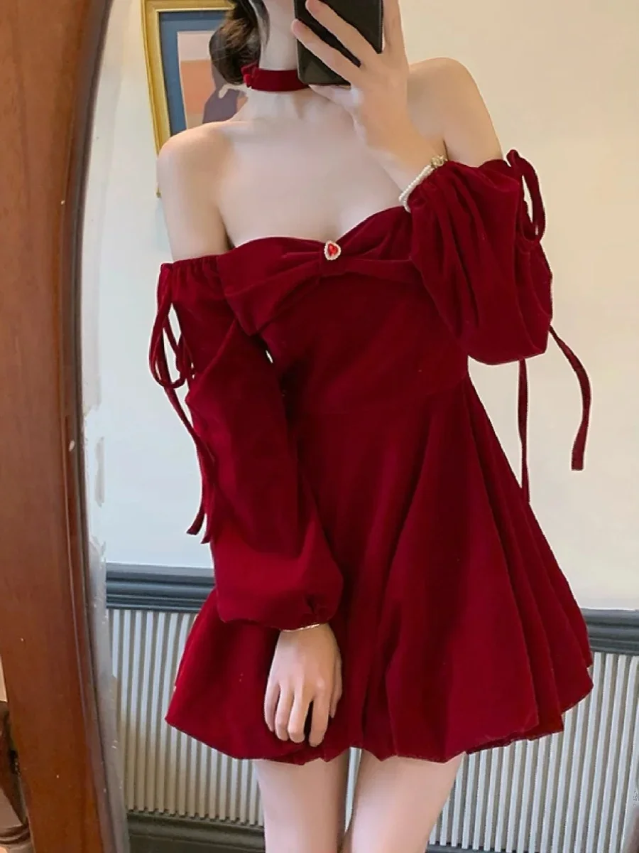 2025 Slightly Drunk Rose French Velvet Puff Dress for Women Autumn/Winter Christmas Red New Year Dress Banquet Robe Sweet Girl